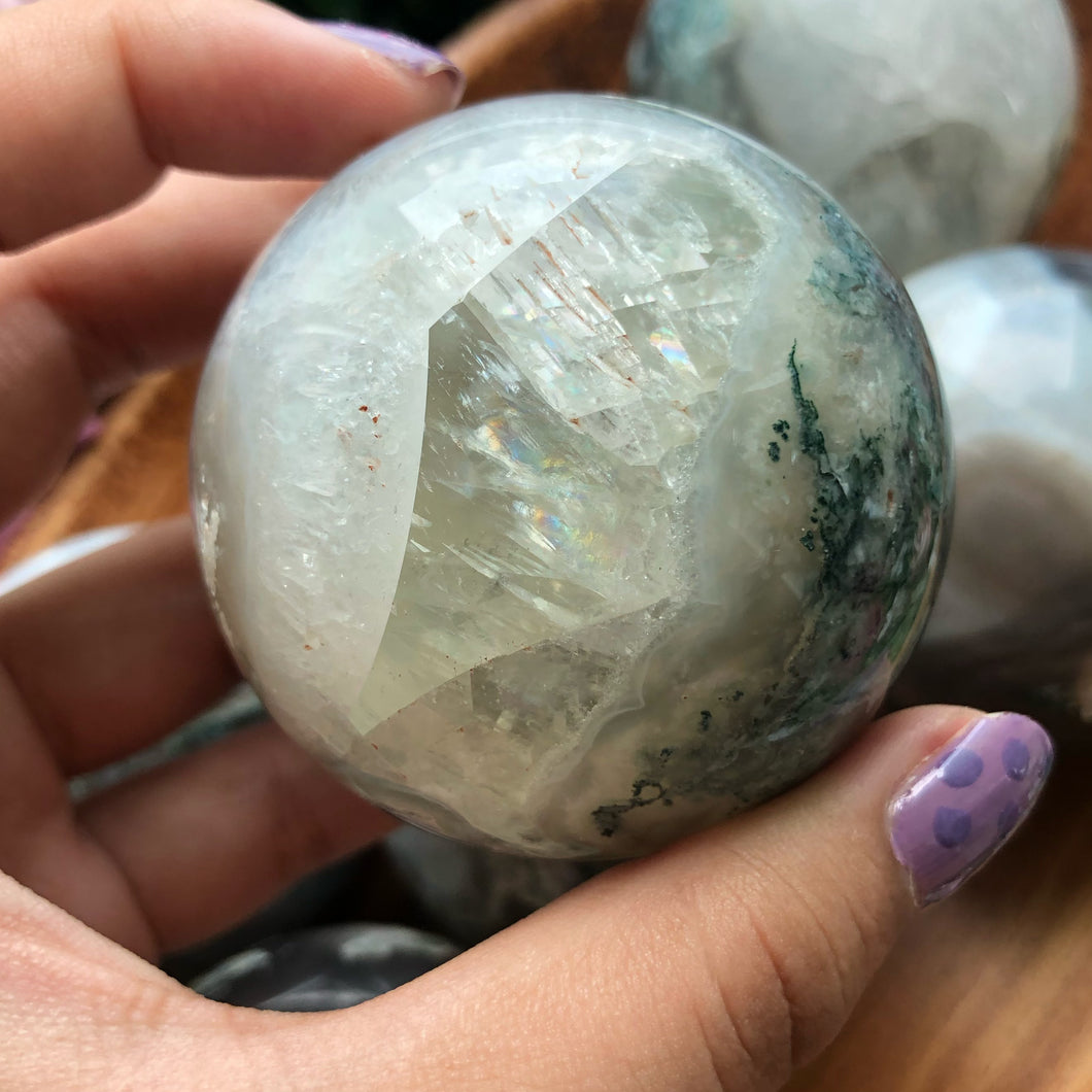Moss Agate x Calcite Sphere (WITH RAINBOW FLASH)(HIGH QUALITY)